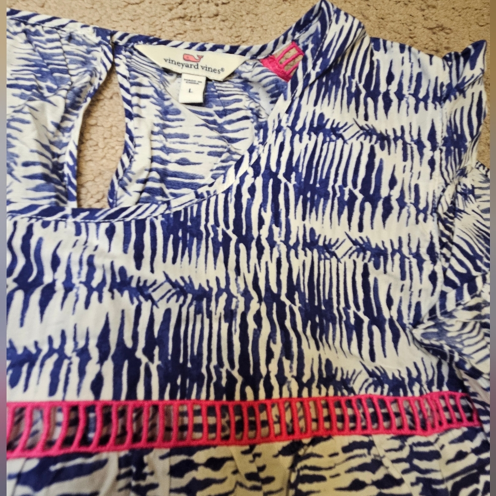 Vineyard Vines Watercolor Lines Ruffle Sleeveless Blouse Top Size L Blue/pink